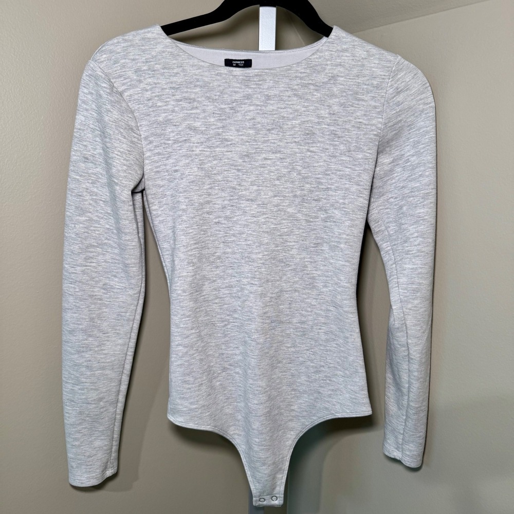 Express Body Contour Long Sleeve Bodysuit Heather Gray XS Fully Lined